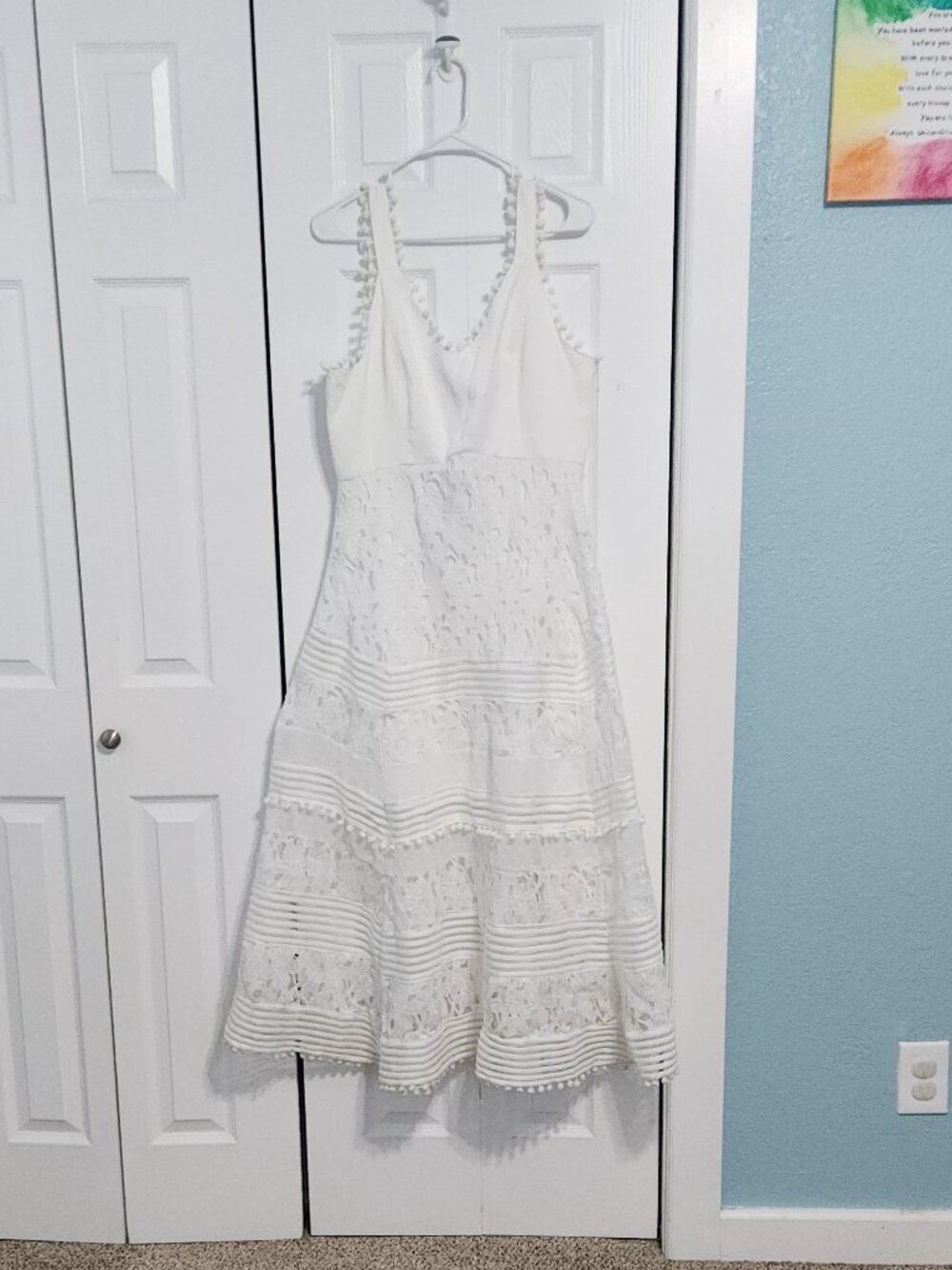 Boston Proper 2BA4440 White Lace Pom Pom Tiered Maxi Dress Sz L Bridal
